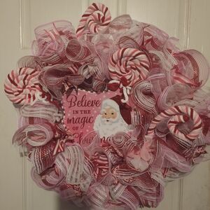 Pink Peppermint Holiday Wreath with Santa Sign